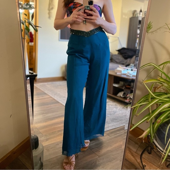 Vintage Pants - Cassandra Stone Vintage 100% Silk Teal Chiffon Wide Leg Pants with Beaded Waist